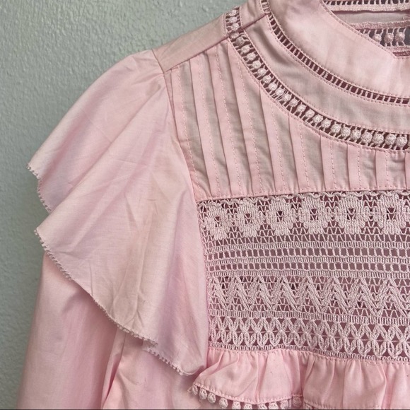 New J. Crew Crocheted Lace Flutter Sleeve Mock Neck Pink Top Medium - Picture 7 of 16